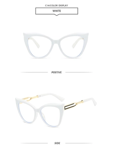 Detailed front and side views of white cat-eye sunglasses with gold metal temples