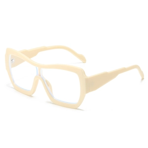 Modern oversized cream thick frame sunglasses with clear lenses in a 45-degree side view