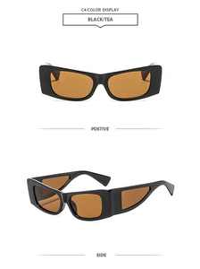 Detail view of square black sunglasses with tea lenses and hollow triangular temple arms