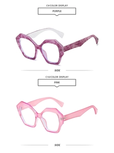 Side view of avant-garde polygon sunglasses in purple ripple and pink translucent frames