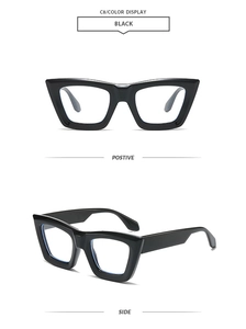 Detailed views of square black sunglasses showing front and side profile design