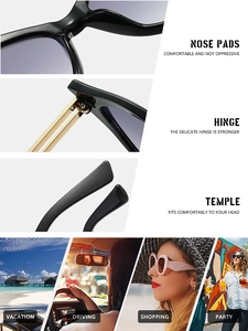 Detailed views of cat-eye sunglasses featuring metal hinges and multi-scene wear styling