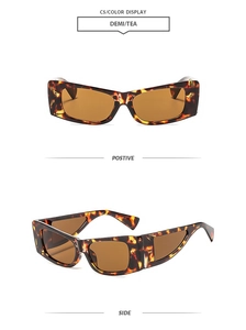 Detail view of stylish demi-frame sunglasses with tea lenses from front and side angles