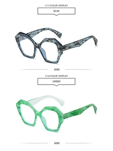 Detail view of stylish polygon sunglasses in blue and green flow textures
