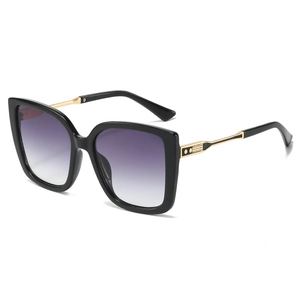 Square cat-eye sunglasses with black frame, purple gradient lenses and gold metal temples