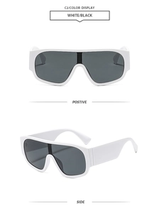 Détails de lunettes de soleil blanches oversize avec verres foncés et vues de face et de côté