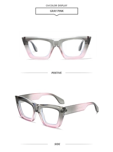 Front and side views of gray-pink gradient square cat-eye glasses frames in a minimalist style