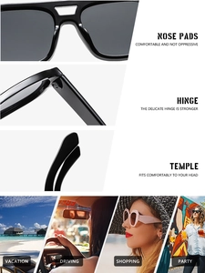 Detail view of reinforced hinges and nose pads on retro double bridge sunglasses