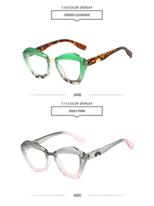 Detail view of cat eye glasses in green leopard and gray pink semi-transparent frames
