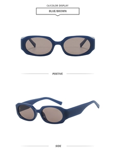 Détails de lunettes de soleil ovales bleues avec verres bruns de face et de profil