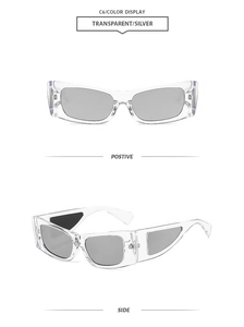 Macro detail of transparent frame sunglasses with reflective silver mirrored lenses