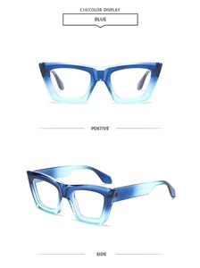 Close-up detail of C10 square frame sunglasses with blue gradient transparent finish