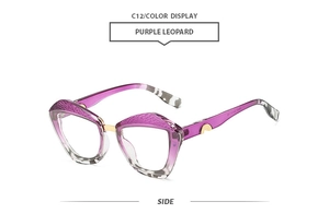 Detail view of purple leopard cat-eye frames with elegant golden metal temple hinges
