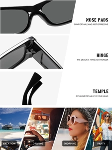 Detail of square black sunglasses showing integrated nose pads and metal hinges