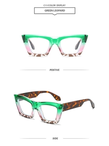 Detail view of square cat-eye sunglasses with green to pink gradient frame and leopard temples