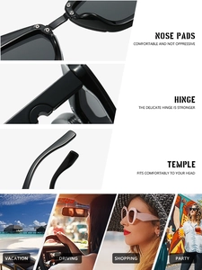Detail of reinforced metal hinges and integrated nose pads on black fashion sunglasses