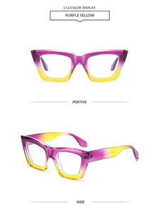 Detail view showing purple to yellow gradient square frames from front and side angles