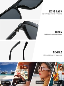 Detail of nose pads, hinges, and temples on black square sunglasses for daily wear
