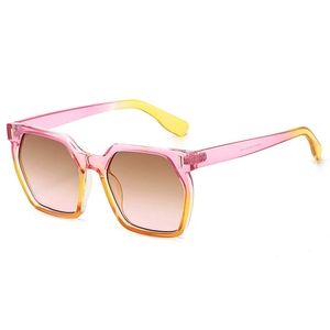 Retro square sunglasses with pink-orange gradient frames and tinted brown lenses