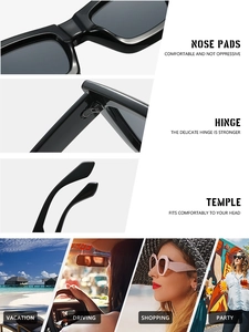 Close-up detail of reinforced hinges and nose pads on stylish square frame sunglasses