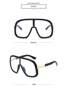 Front and side views of oversized black sunglasses with blue inner trim and gold metal accents