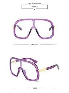 Front and side views of large purple oversized flat top fashion sunglasses with gold hinge