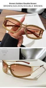 Detail of vintage cat eye sunglasses with golden rhinestone frames and brown lenses