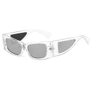 Square clear frame sunglasses with grey lenses and hollow triangle temple design