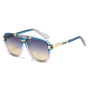 Fashion square aviator sunglasses with blue white gradient frame and purple yellow lenses