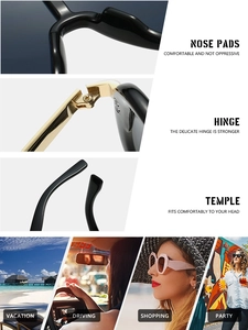 Detail view of smooth nose pads, metal hinges and curved temples for oversized sunglasses