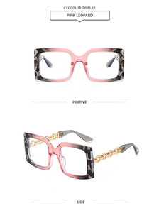 Detail of pink leopard square frame sunglasses with golden metal chain on the temples