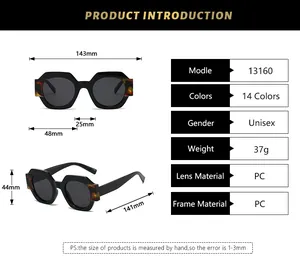 Detailed sizing chart for unisex geometric sunglasses with precise lens and frame measurements