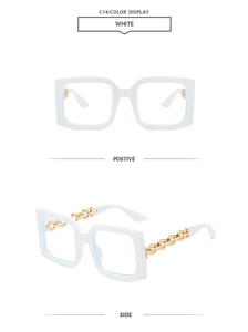 Detail view of white square oversized sunglasses with gold chain temples from two angles