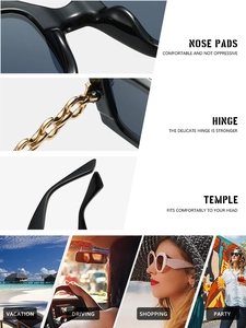 Detail of ergonomic temple, gold chain hinge, and comfortable nose pads on black sunglasses