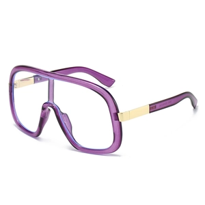 Oversized one-piece purple shield sunglasses with gold metal hinges for outdoor fashion