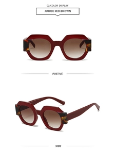 Polygonal jujube red sunglasses with brown gradient lenses and tortoise shell accents