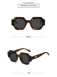 Detailed front and side view of geometric tortoiseshell sunglasses with black lenses