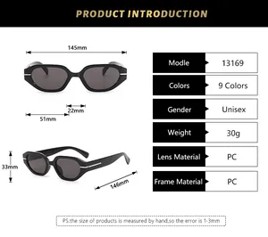 Detailed size chart of irregular small frame sunglasses with precise measurements and specs