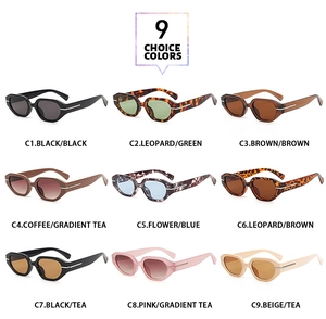Collection of nine colorful rectangular retro sunglasses with metallic temple accents
