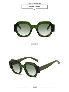 Macro view of green hexagonal geometric sunglasses showing front and side profile