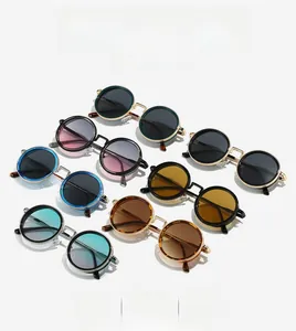 Flat lay of retro round steampunk sunglasses in seven diverse frame and lens colors