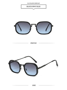 Detail of rectangular sunglasses featuring metal temples and gray blue gradient lenses