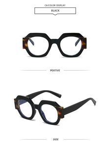 Detailed views of black hexagonal sunglasses with stylish tortoiseshell temple accents