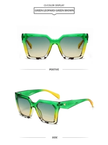 Detail view of square sunglasses with green leopard gradient frames and blue lenses