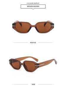 Macro detail of retro irregular cat eye sunglasses in translucent brown acetate