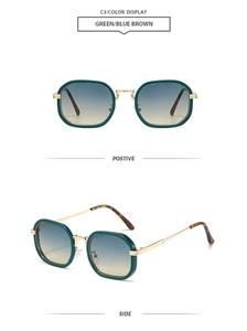 Detail of green rectangle sunglasses with gradient lenses and slim gold metal temples