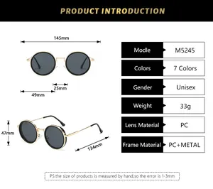 Size chart showing dimensions for fashion sunglasses with PC metal frames and UV protection