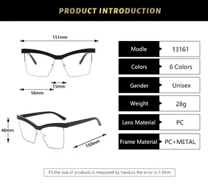 Size guide for half-frame metal glasses with detailed frame width and temple length measurements