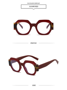 Detailed views of geometric hexagonal jujube red sunglasses with tortoise shell accents