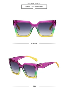 Detail view of large square vintage sunglasses with purple and yellow gradient frames